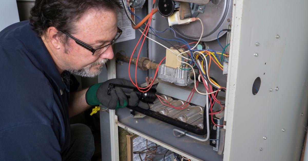 HVAC technician repairing a furnace system, ensuring proper function and safety of the heating system.